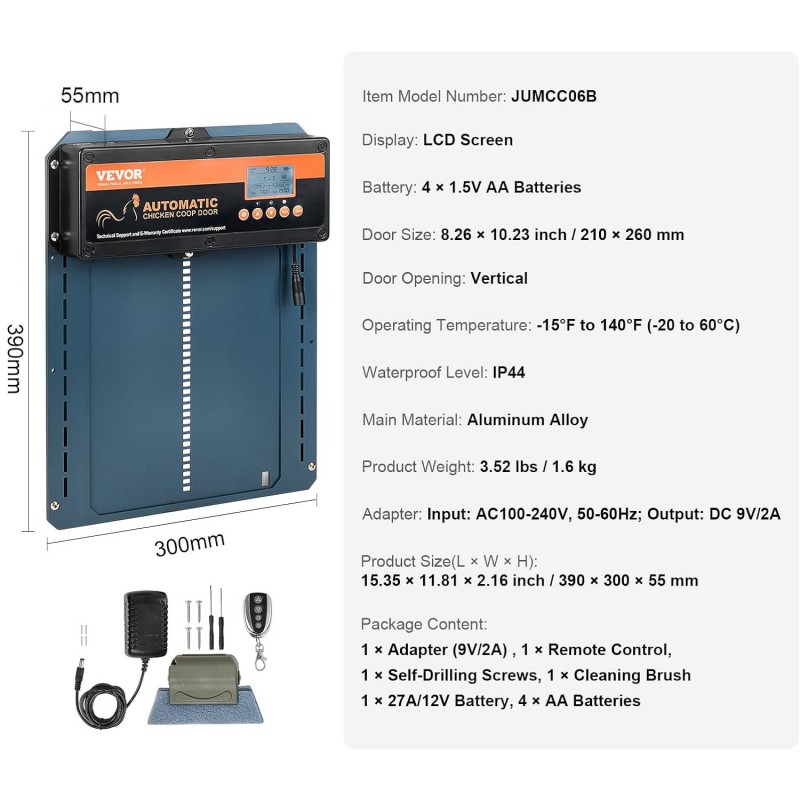 Automatická dvířka kurníku Vevor 30 x 39 cm, ruční ovládání, časovač, světelný senzor, dálkový ovladač